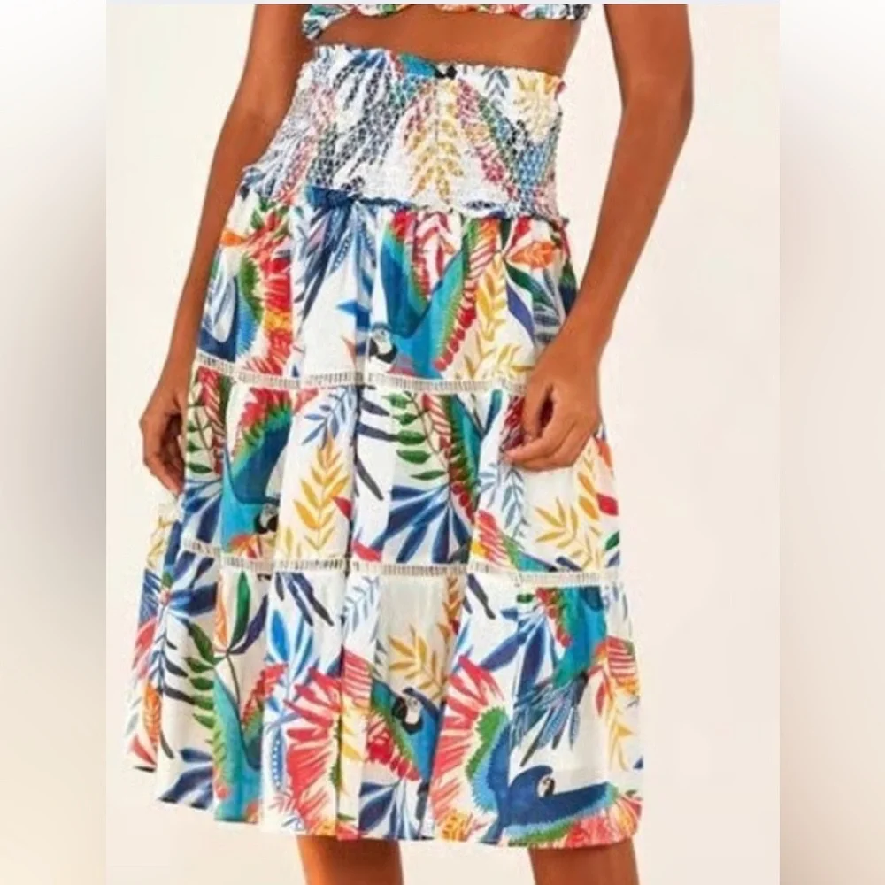 Farm Rio Blue One-Shoulder Crop Top and Macaw Smock Midi Skirt - Picture 3 of 6